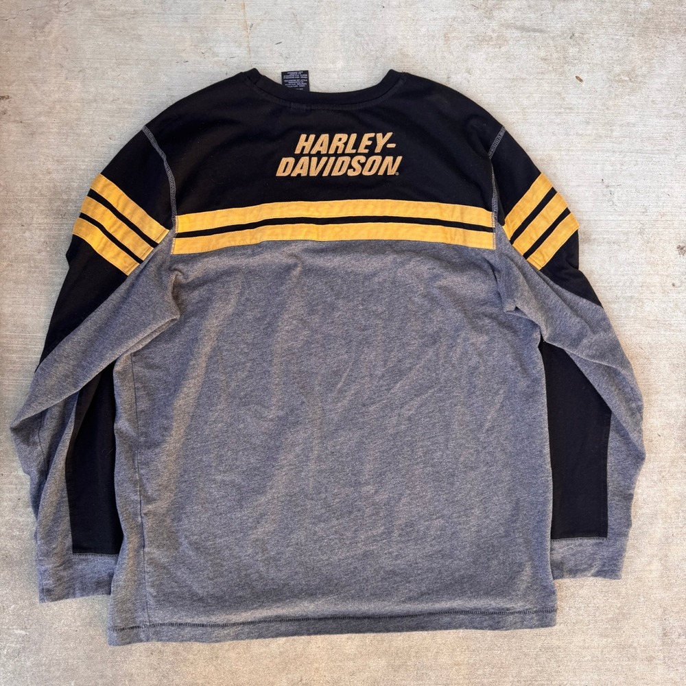 Harley Davidson Mens XL Long Sleeve Colorblock Shirt Black Gray Yellow Biker Tee - Picture 7 of 8